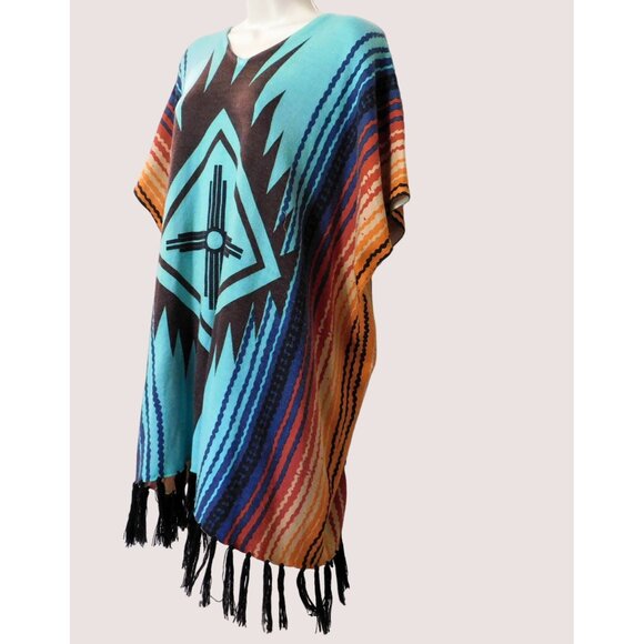 Crazy Train Poncho Womens Regular Colorful Knit Fringe Southwestern Sweater - Picture 2 of 8